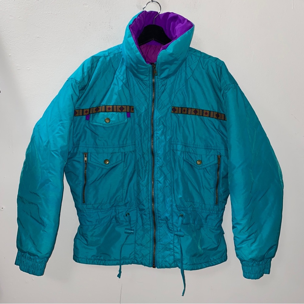 Vintage 80s Edelweiss Ski Puffer Jacket Womens M Teal Purple Aztec Colorblock